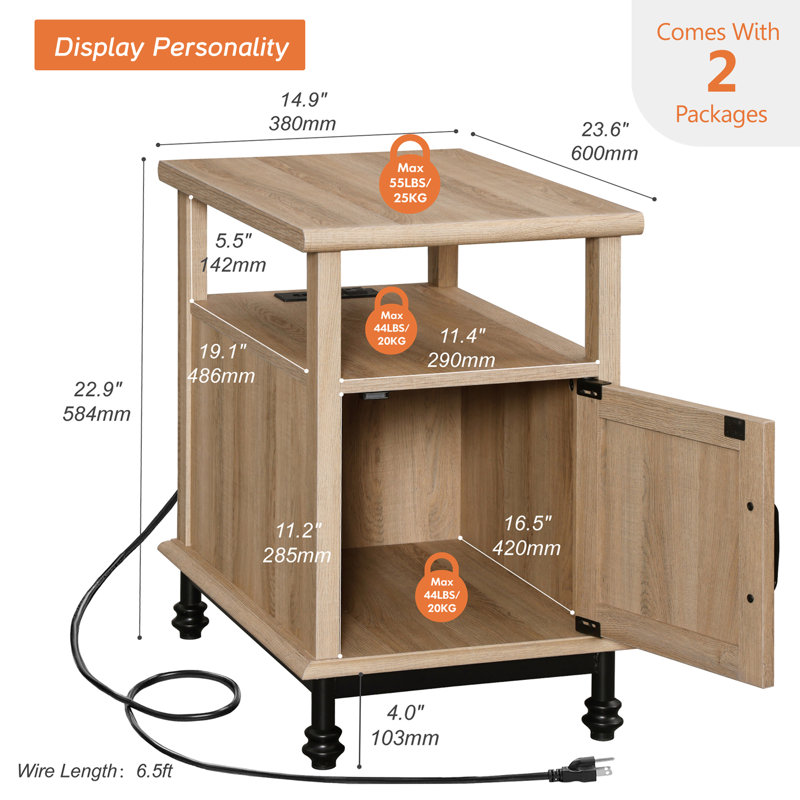 Table de chevet 2 pièces avec station de charge, table de bout avec tablette réglable Inness, Chêne