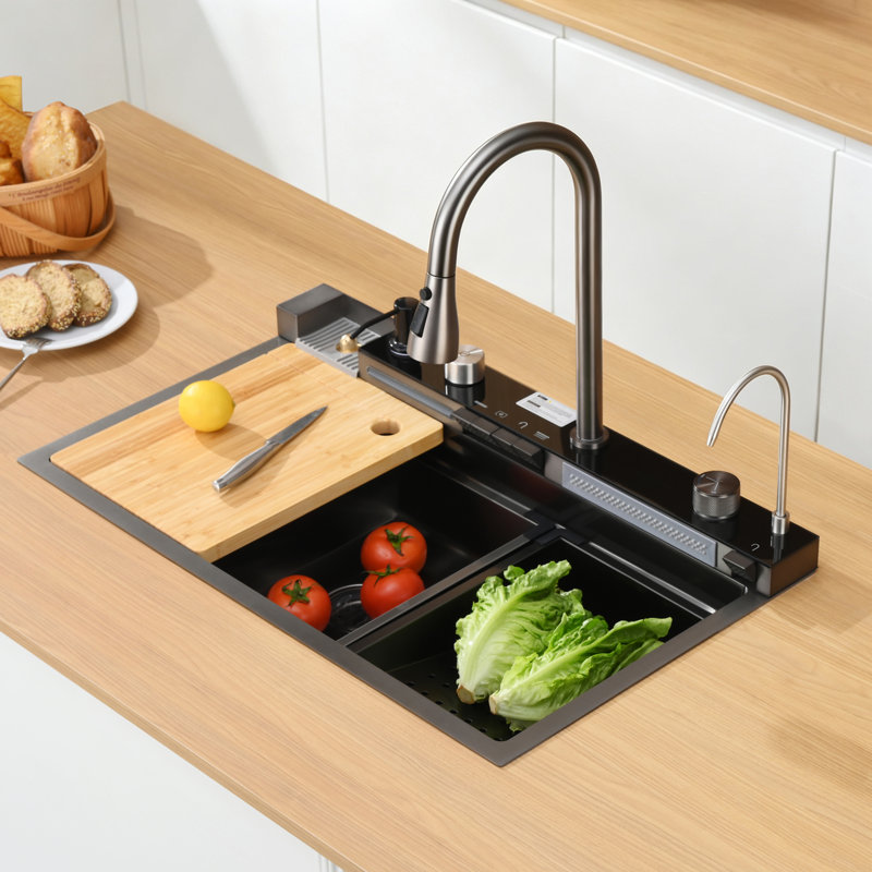Évier de cuisine encastré à simple cuve en acier inoxydable avec station de travail à affichage numérique L 30 po x l 18 po