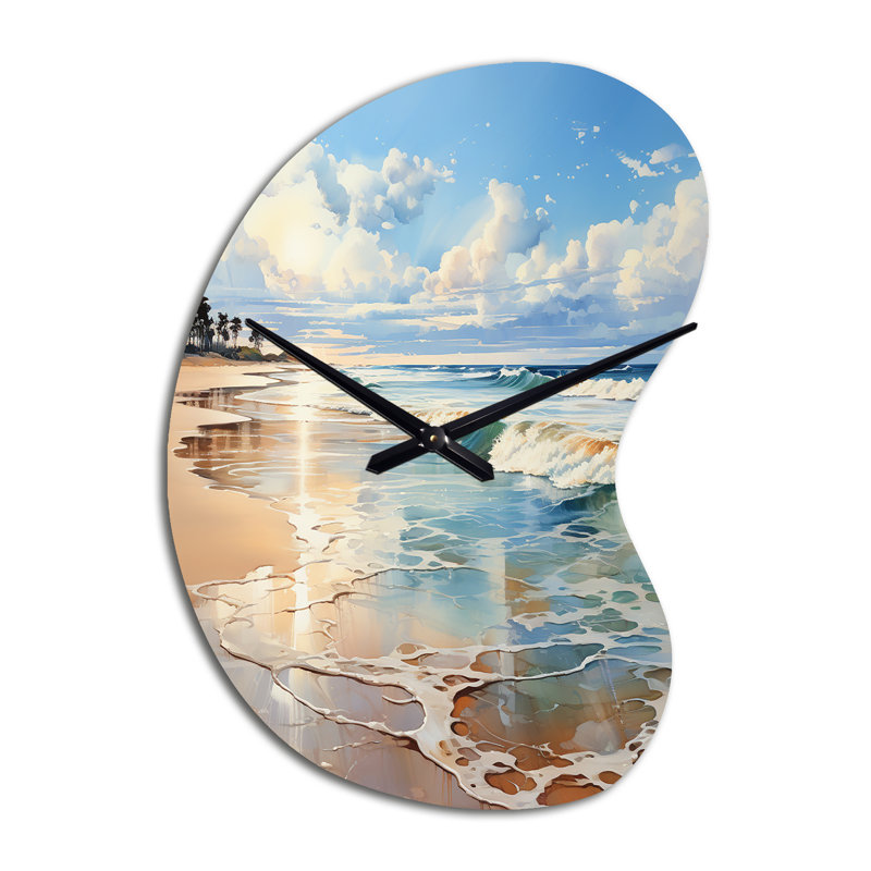 Beach Photo Seaside Reflections V - Horloge murale en forme de plage unique en métal, imprimé horloge asymétrique bleu sarcelle
