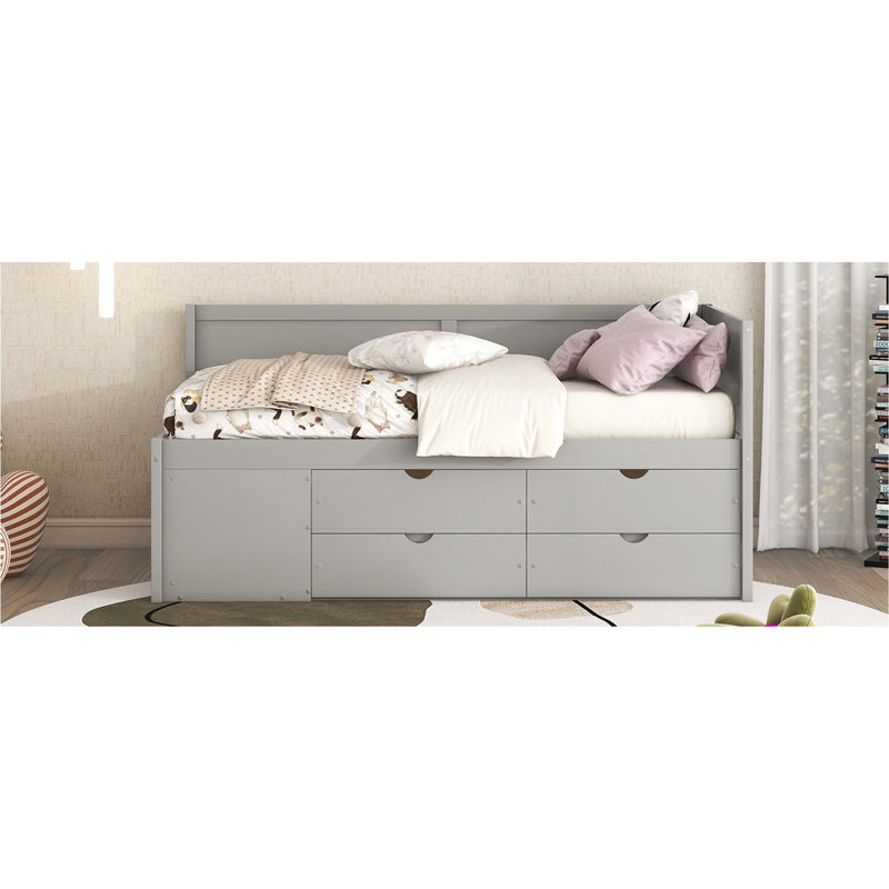 Lit de jour avec tiroirs et tablettes, Gris, Lit simple