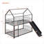 Lit superposé simple au-dessus d'un lit simple en métal noir profond pour chambre d'enfant, maisonnette convertible avec glissoire attachée