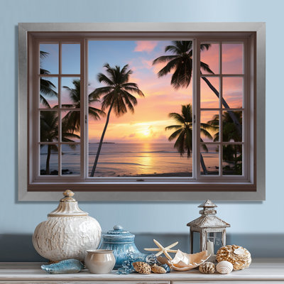Vue tropicale de l'océan par une fenêtre blanche ouverte I - art mural côtier