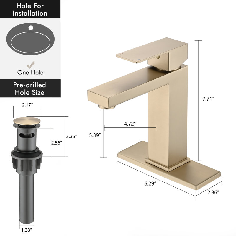 Single-Hole Single-handle Bathroom Faucet with Drain Assembly, Brushed Gold