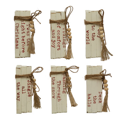 6 pièces de faux livres en bois avec dictons des fêtes, perles en bois et cravate en jute