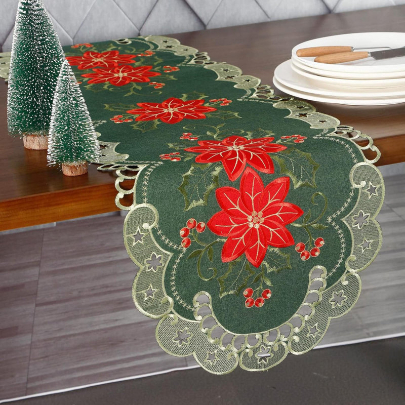 Christmas Holiday Table Runner For Farmhouse Parties Embroidered Red Christmas Flower Dresser Scarves Xmas Home Kitchen Dinner Table Decoration