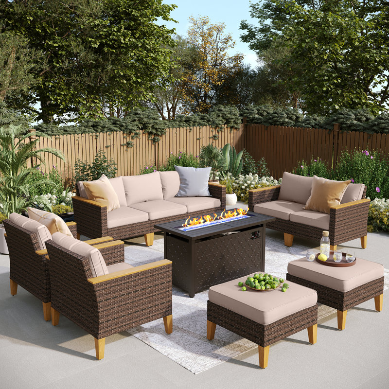 All Weather Wicker/Rattan 9 - Person Seating Group with Cushions, Yes, Beige