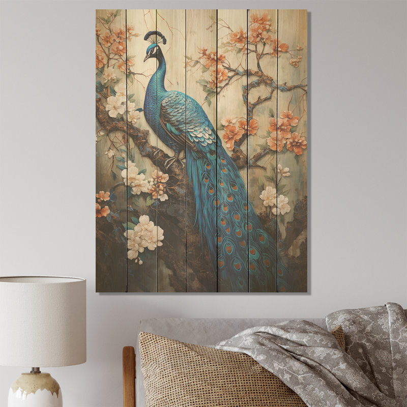 Bleu paon royal royal japonais - impression de paon sur bois, H 20 po x l 10 po
