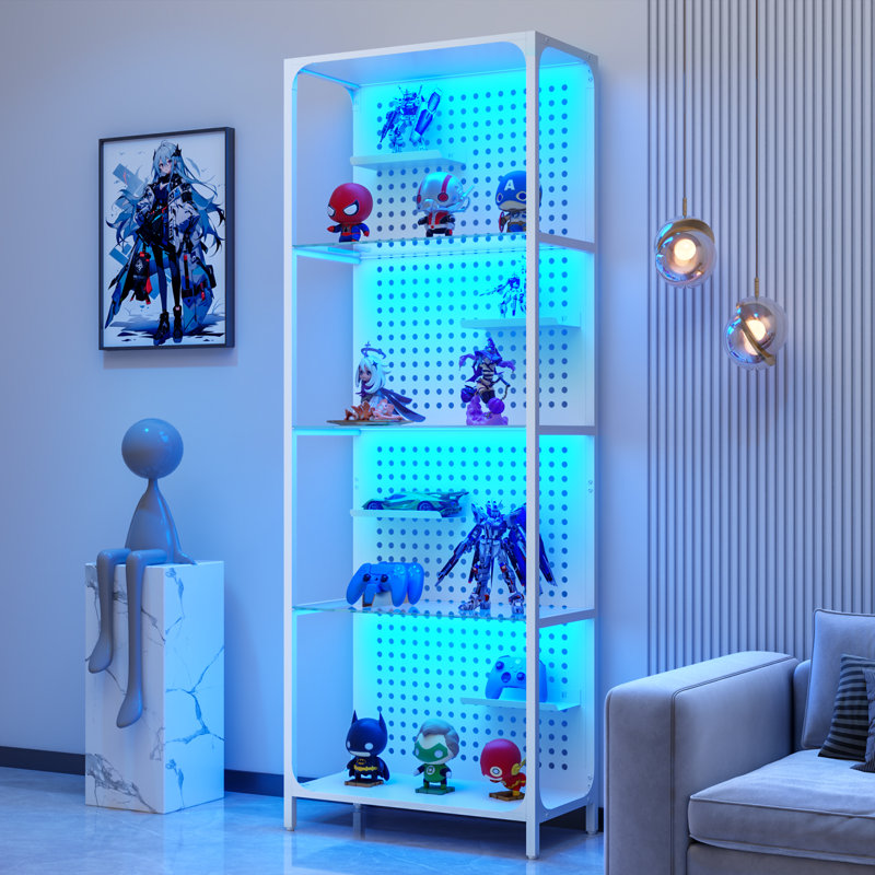 Tablette en verre pour objets de collection, vitrine noire à DEL, grande tablette étroite éclairée à DEL avec panneau perforé, lampe sur pied avec tablette