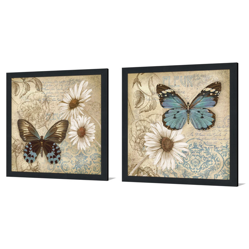 «Butterfly Garden I», ensemble de 2 impressions, H 21,5 po x l 43 po x P 0,75 po, Cadre espresso