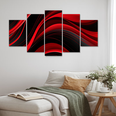 «Happy Streams Minimal Red Black - Abstract Modern Waves», ensemble de 5 décorations murales