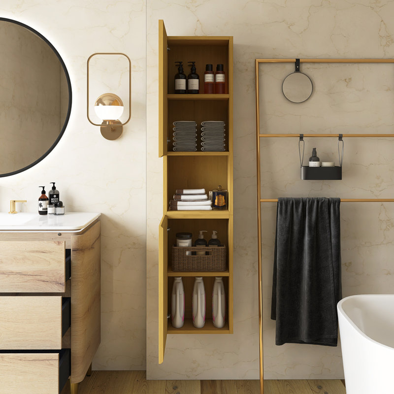 Armoire de salle de bain murale à rayures, avec portes, tablette et compartiment de rangement ouvert, couleur chêne doré
