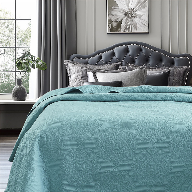 Teal Twin Size Floral Design Lightweight Quilt Elegant Bedroom Decor Reversible Single Quilt, Twin Quilt, Teal
