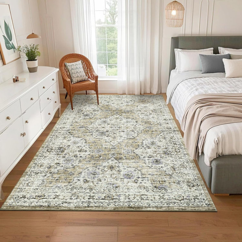 5X7 Brown Vintage Floral Area Rug, Low Pile Non-Slip Washable Carpet For Living Room & Bedroom, Soft Foldable Mat