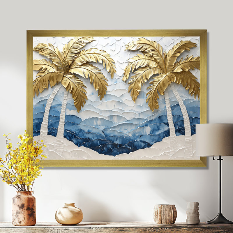 Art mural Cleao Golden Aqua Plams On The Beach I - Palmiers et palmiers, Reproduction encadrée d'une seule photo, Doré