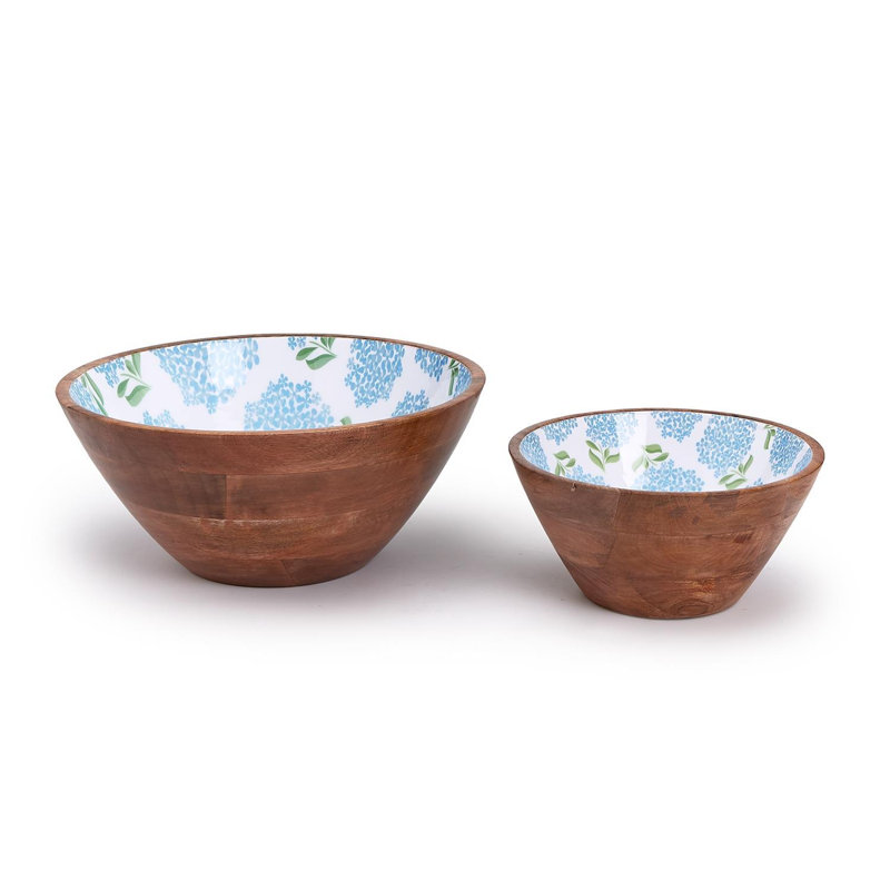 Ensemble de 2 bols d'hortensia en bois de manguier bleu faits à la main - H 6,5 po
