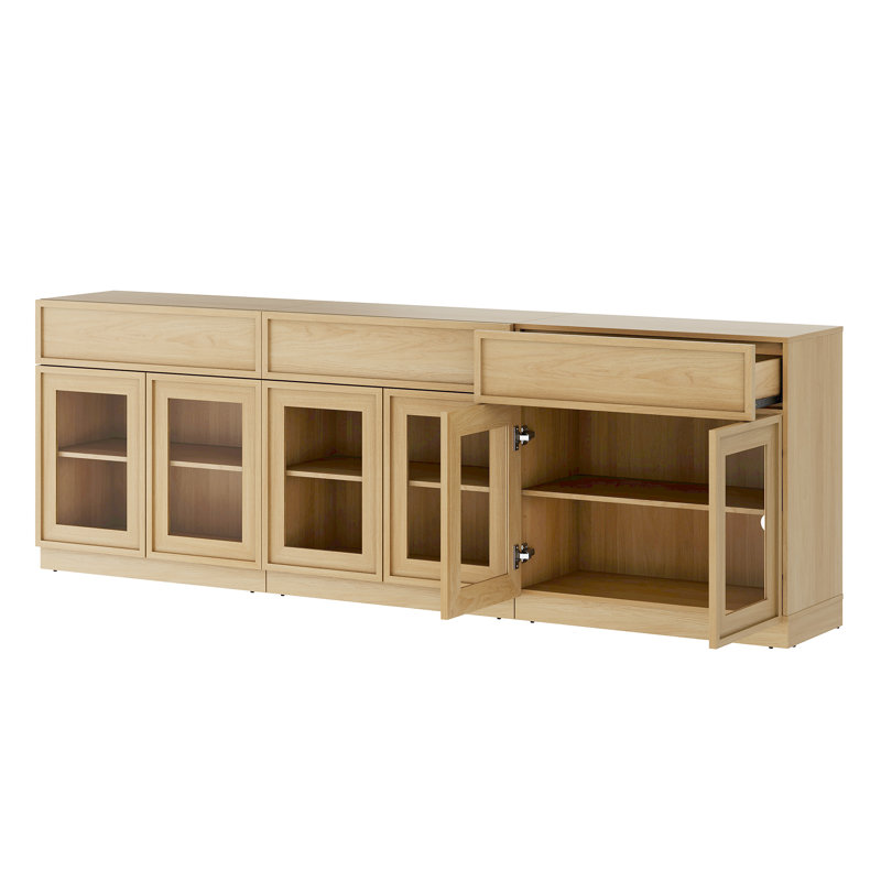 Buffet moderne 94,5 "avec 6 portes et tiroirs en verre, buffet multifonctionnel avec tablette réglable, Oak