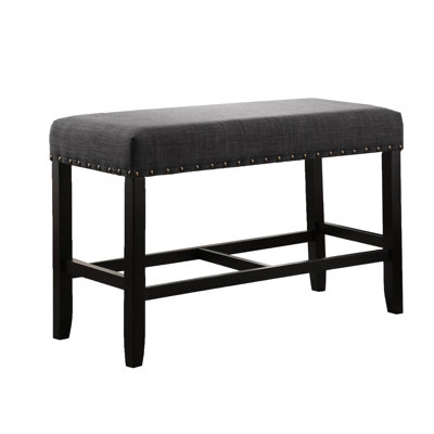 Banc de salle à manger à hauteur de comptoir gris - tissu, garniture cloutée, revêtement en lin et coton, fabrication en bois franc massif, housse en mélange de siège l 41 po x P 16,5 po H 25,5 po, pieds en bois