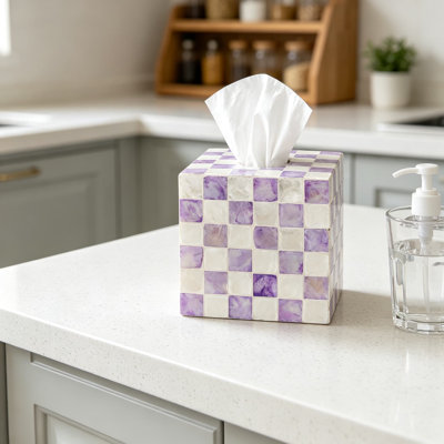 Handmade Capiz Shell Tissue Box Cover for Standard Square Tissue Boxes with Purple Checkered Pattern, Natural Iridescent Decorative Tissue Holder for Bathroom, Living Room, and Office Décor