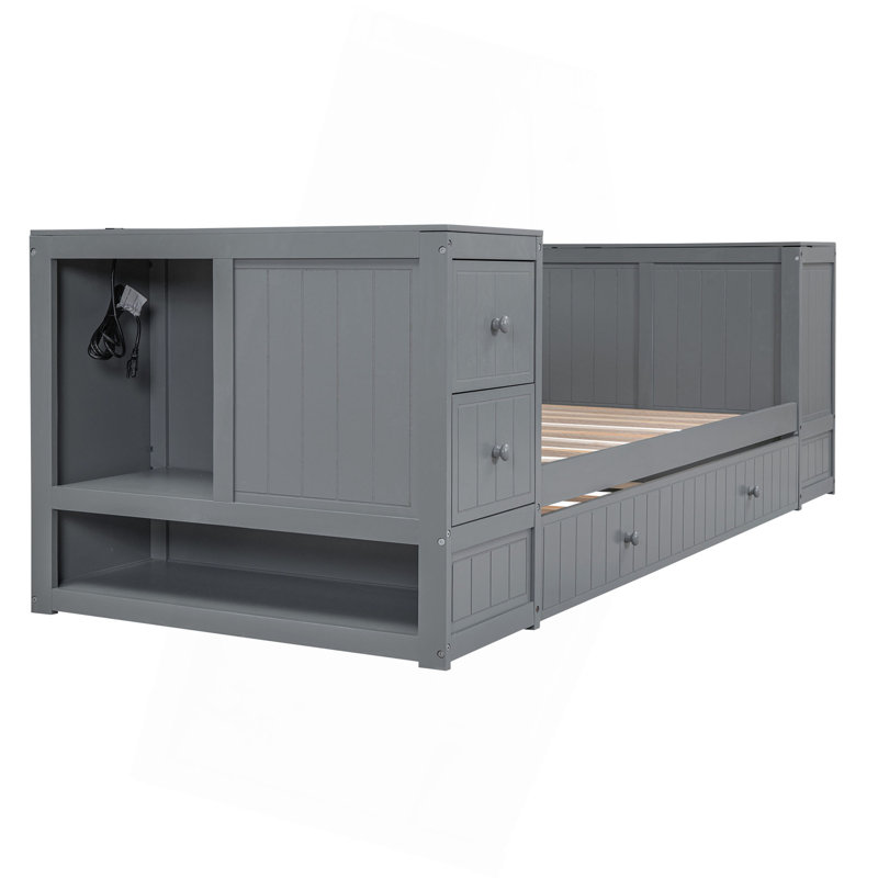 Lit de jour simple avec accoudoirs de rangement, lit gigogne et station de charge, Gris