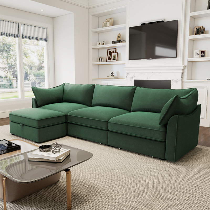 Canapé modulaire en forme de L, canapé avec 1 repose-pieds mobile, chenille, H 31,4 po x l 112,6 po x P 56,6 po, 3, Vert