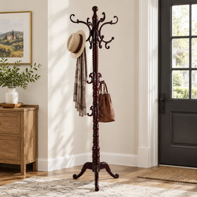 Classic Vintage-Style Solid Wood Coat Tree with 14 Hooks and a Heavy-Duty Triangle Base — Freestanding Clothes Hanger for Offices, Entryways and Corners