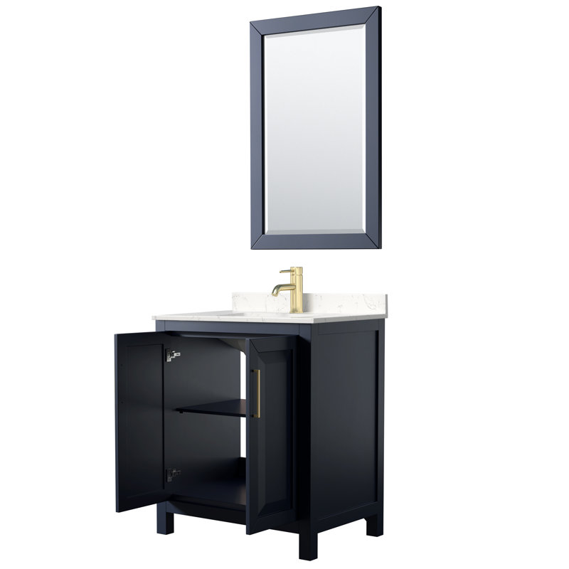 Daria 30'' Single Bathroom Vanity with Marble Top, Dark Blue, Brushed Gold, White Cultured Marble