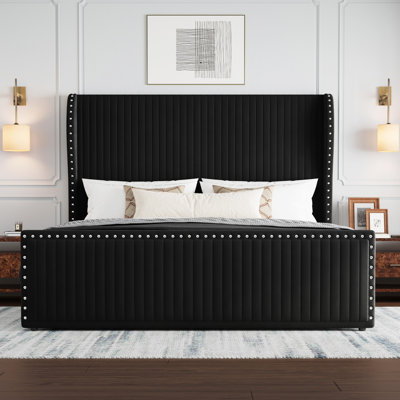Upholstered Platform Bed With Nailhead Trim, Velvet Headboard And Footboard, No Box Spring Needed