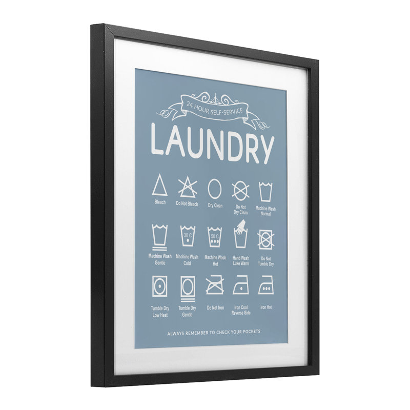 Blue Vintage Laundry Guide Framed Print Under Glass, design by Lettered and Lined, Midnight Black Frame, 16" H x 13" W