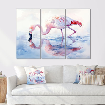 Flamant rose réflexions - art mural flamant rose - 3 panneaux
