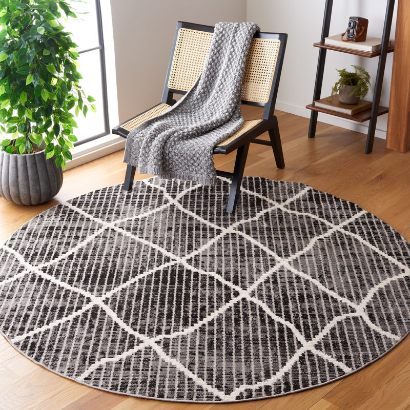 Rectangle Elane Geometric Power Loomed Polyester Area Rug in Charcoal/Ivory/Gray, Round 6'7"