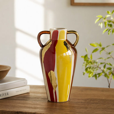 Tall Dual Ring Handled Amphora Ceramic Vase With Vertical Streaked Abstract Glaze & Metallic Gold Foil, Retro Art Deco Warm Tone Gloss Decorative Floral Vase For Mantel Styling
