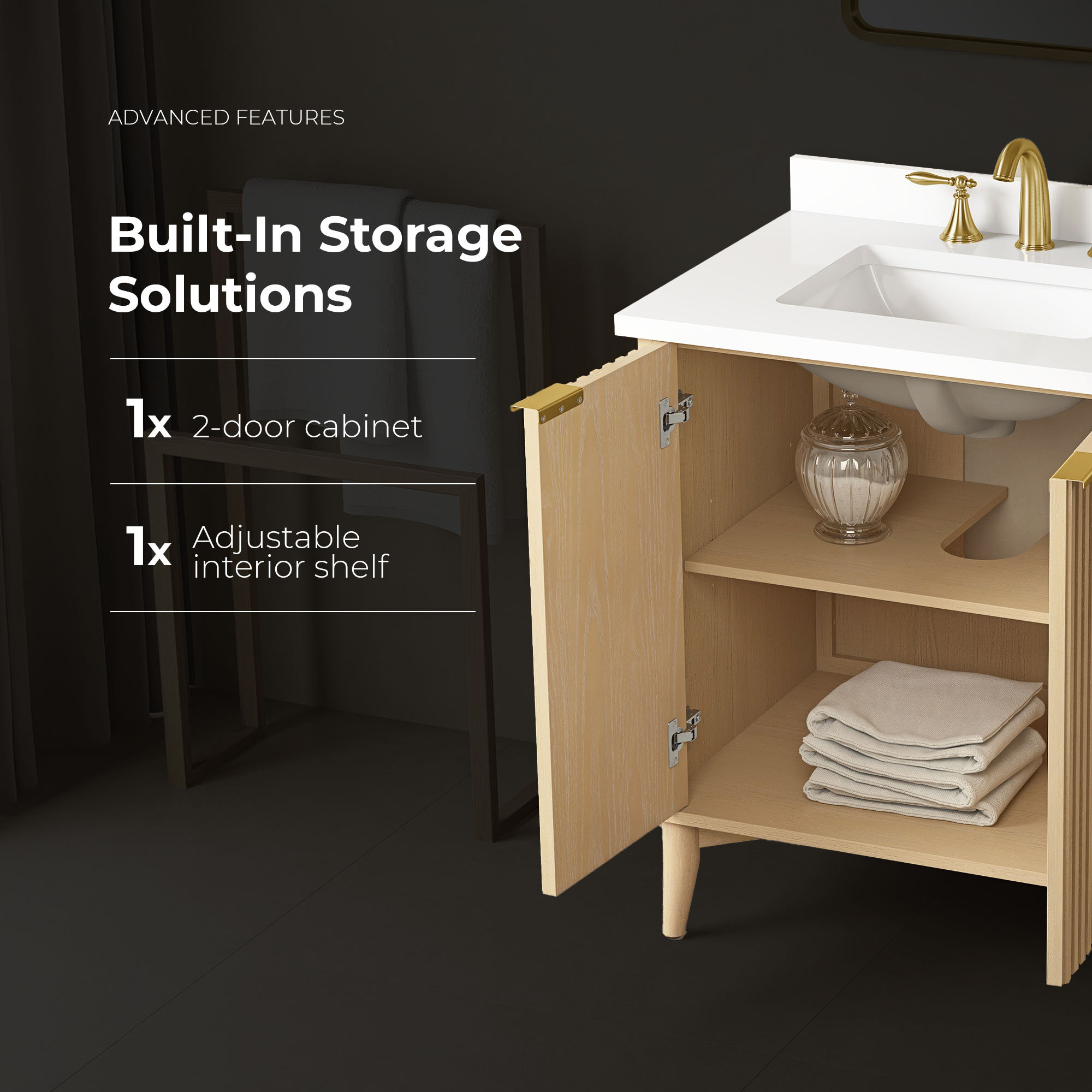  Gabi 30 In. Single Sink Freestanding Warm Walnut Bathroom Vanity With White Engineered Stone Top, Rustic Ash