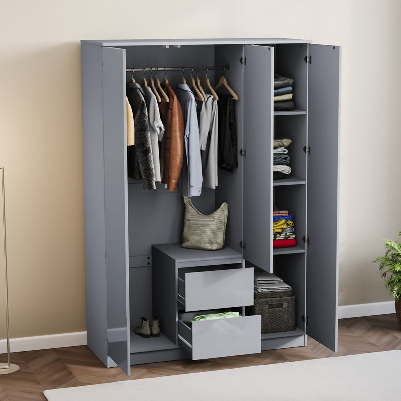 3 Door 2 Drawer High Gloss Wardrobe, (FSC 100%) Bedroom Home Clothing Storage Furniture, Grey