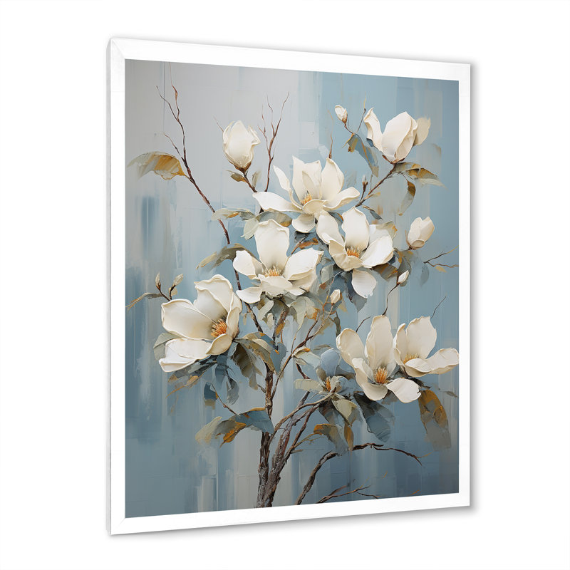Minimalisme blanc et bleu Magnolias Florescence III sur toile, White Picture Framed, 32" H x 24" W