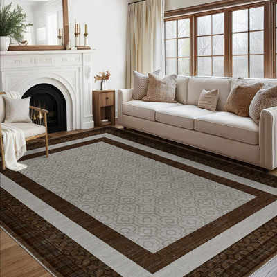 Tapis lavable large - Tapis abstrait moderne à poils courts, résistant aux marques, antidérapant, à bordure géométrique minimaliste pour le salon, la chambre à coucher, la salle à manger, le bureau - brun, 10 x 13 pi (305 x 396 cm)