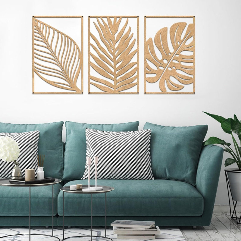 Boho Metal Leaf Wall Art Decor, Rustic Palm Leaf 3 Pcs 43 x 28 cm for Bedroom, Beige