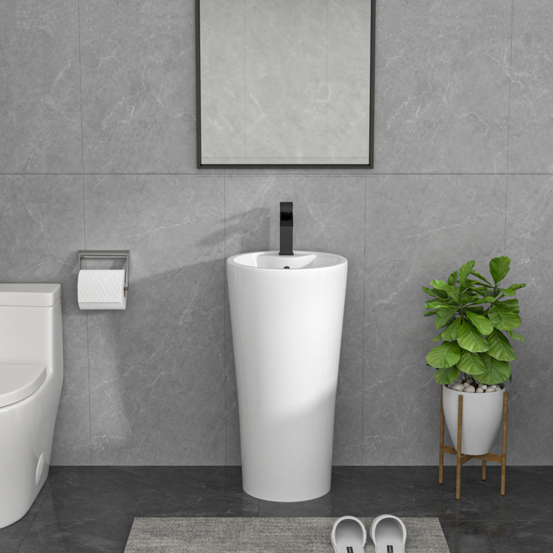 Ceramic Pedestal Sink Classic One-piece Freestanding Pedestal Combo Bathroom Sink with Overflow, 32.5" H x 15" L x 13" W