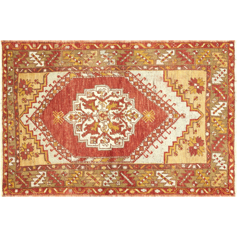 Tapis unique en laine noué à la main de style années 1960 de 3 pi 4 po x 5 pi 1 po rouge / ivoire / orange / brun
