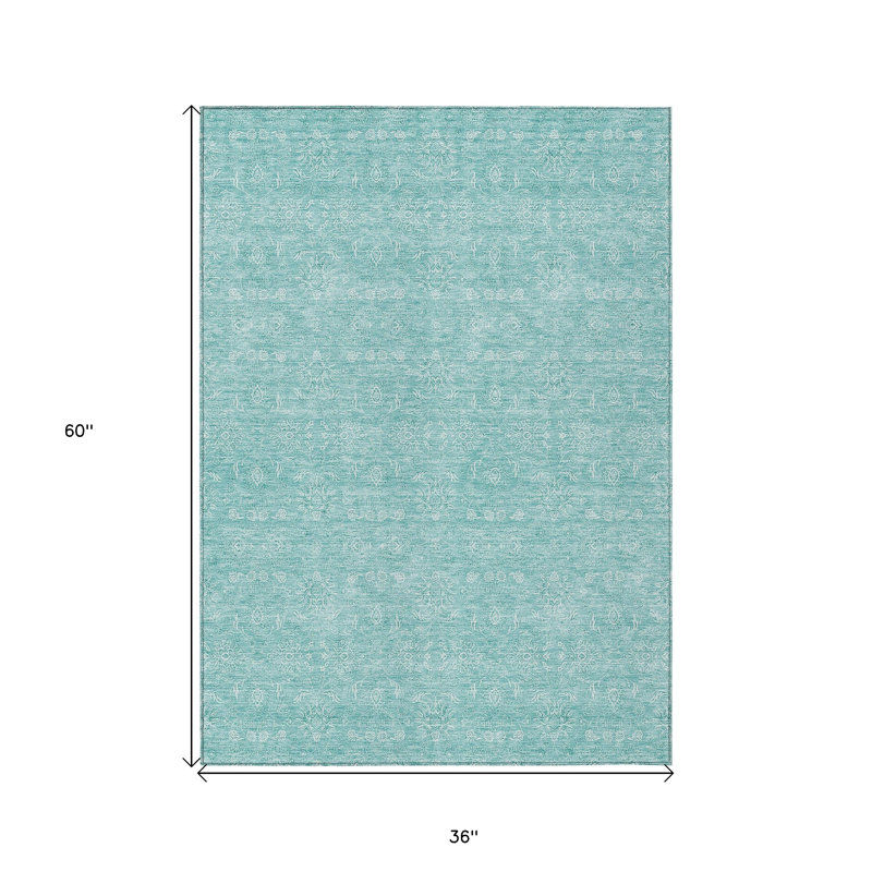 3' X 5' Aqua And Ivory Floral Washable Indoor Outdoor Area Rug