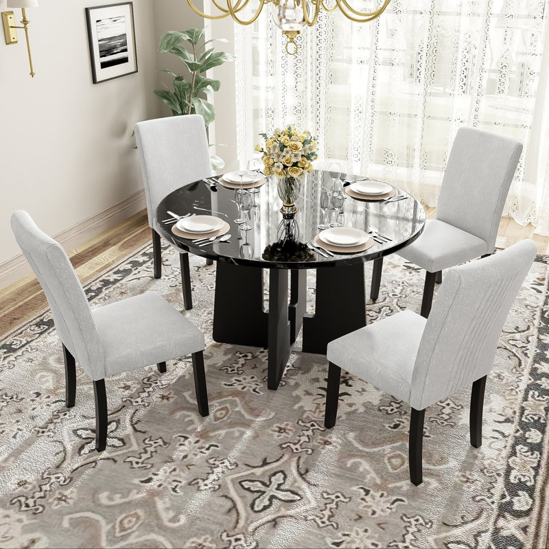 5-Piece Round Dining Table set, Black, Gray, 5