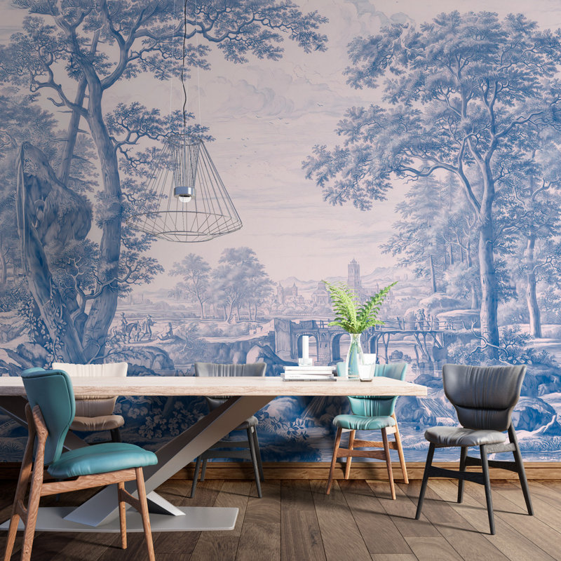 Papier peint paysage de toile bleu et crème rétro avec scène de forêt et de village, 108" L x 150" W