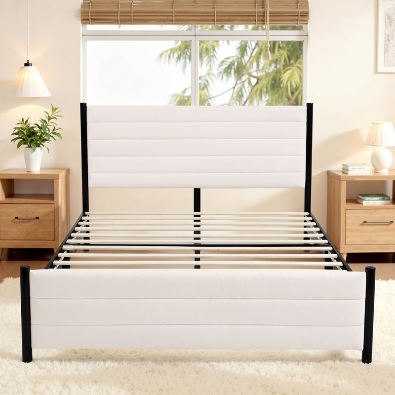 Upholstered Wingback Bed Solid Wood Platform Bed Frame, Full