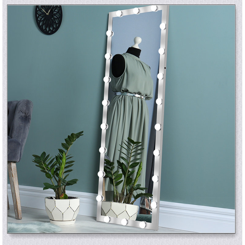 Wall standing Bedroom Hotel Full Length Mirror with LED Bulbs Touch Control Full Body Dressing Hollywood Vanity Mirror With 3 color Lights