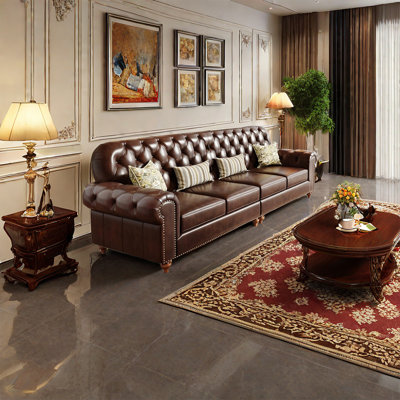 European-style Retro Casual Leather Sofa Genuine Leather Rolled Arm Sofa