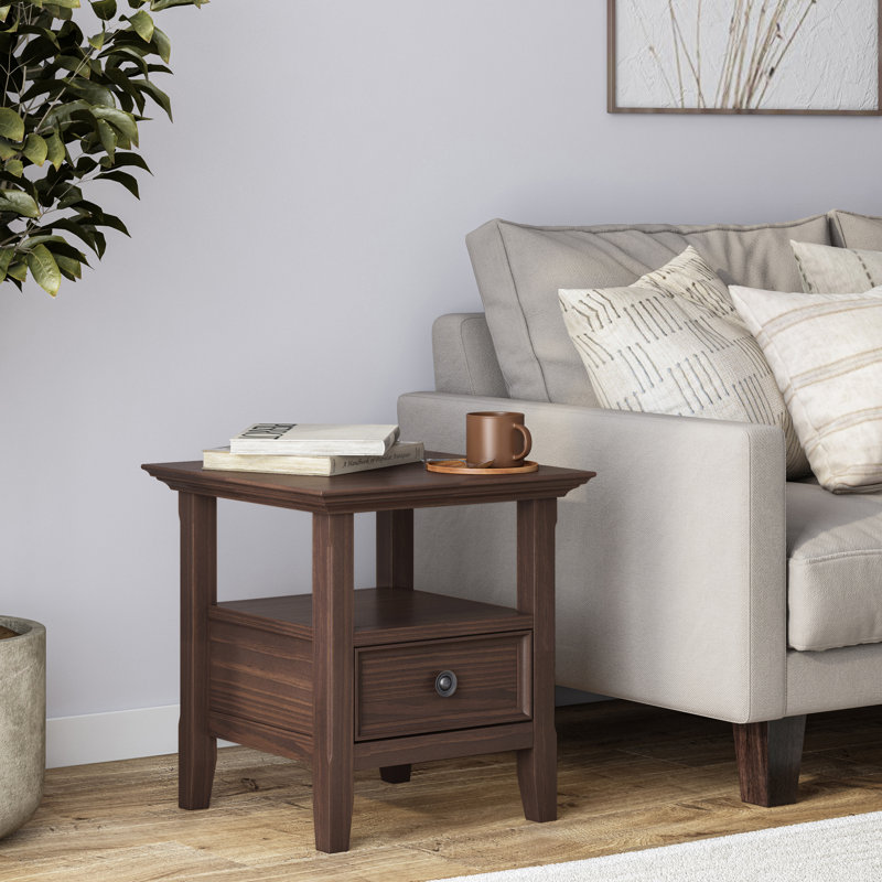 Table de bout rectangulaire étroite en bois massif avec tiroir et tiroir Amherst, Marron foncé, H 20 po x l 19 po