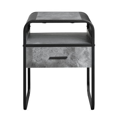 Contemporary Concrete Gray & Black End Table With Practical Drawer And Space Easy-assemble Feature Spacious