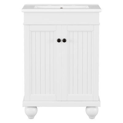 Lavabo de salle de bain moderne élégant en céramique 24 po avec cadre en bois massif, tablette réglable 24 po