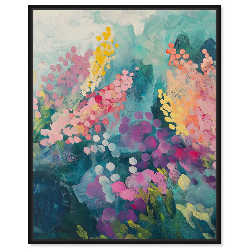 Toile abstraite abstraite avec art floral, H 37 po x l 31 po, Cadre flottant noir