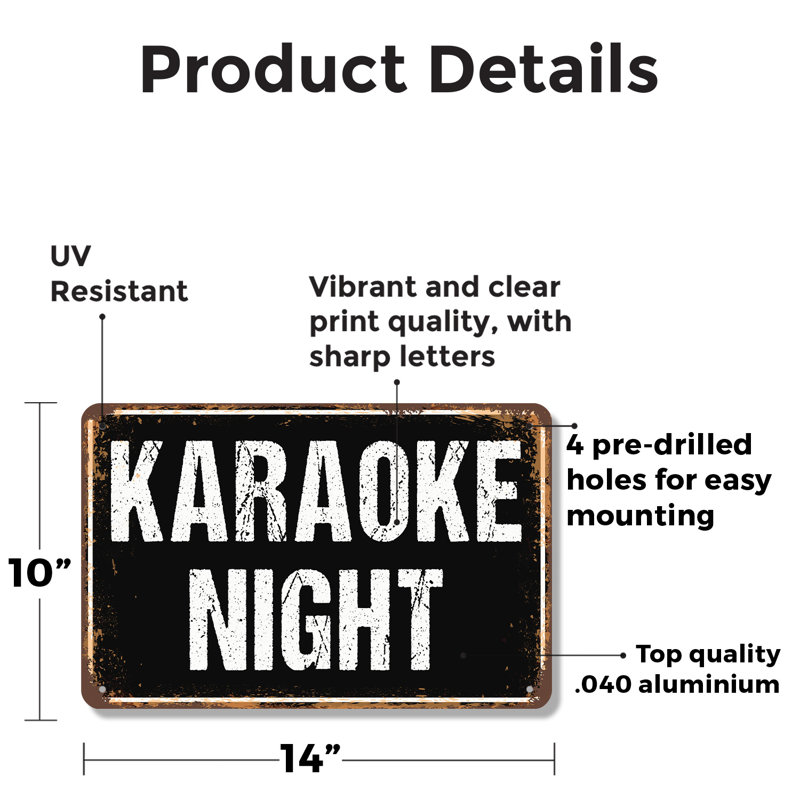 Enseigne de fantaisie en aluminium Karaoke Night Street 10 po x 14 po, H 10 po x l 14 po x P 0,1 po