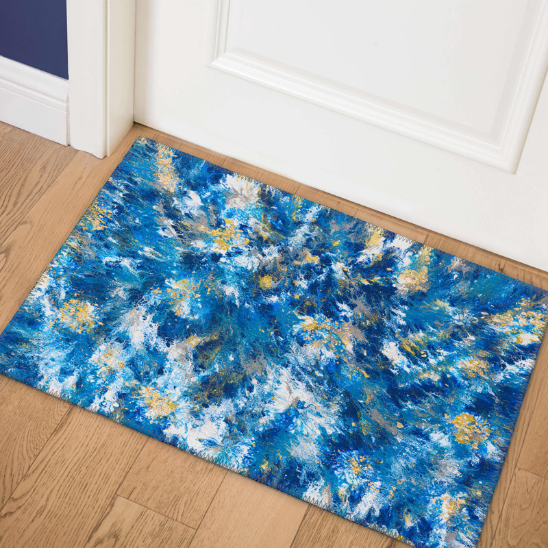 Tapis bleu abstrait tissé à la machine, Rectangle 1 pi 8 po x 2 pi 6 po